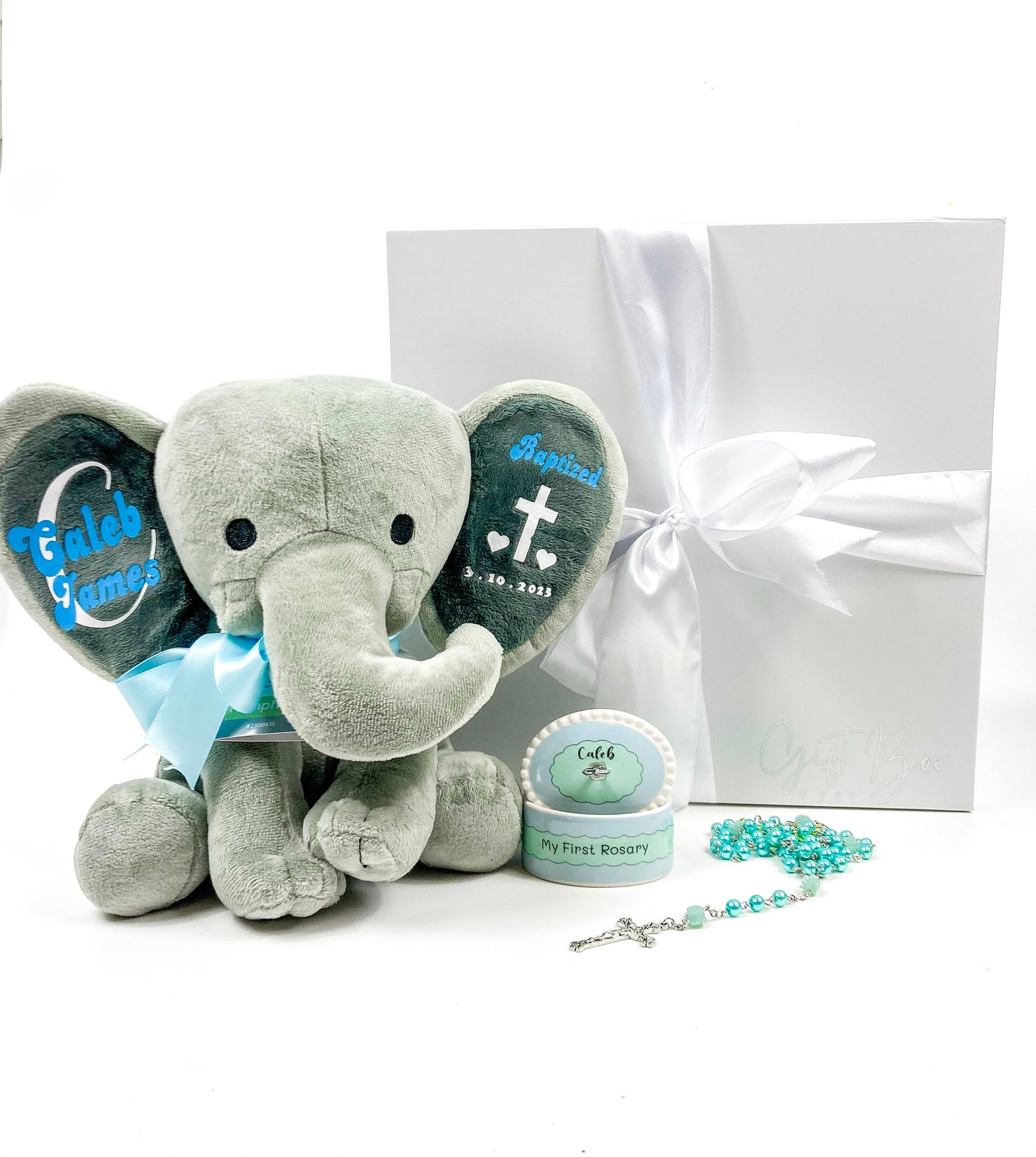 Personalized Baby Baptism Gift Box | Elephant and Blue Rosary