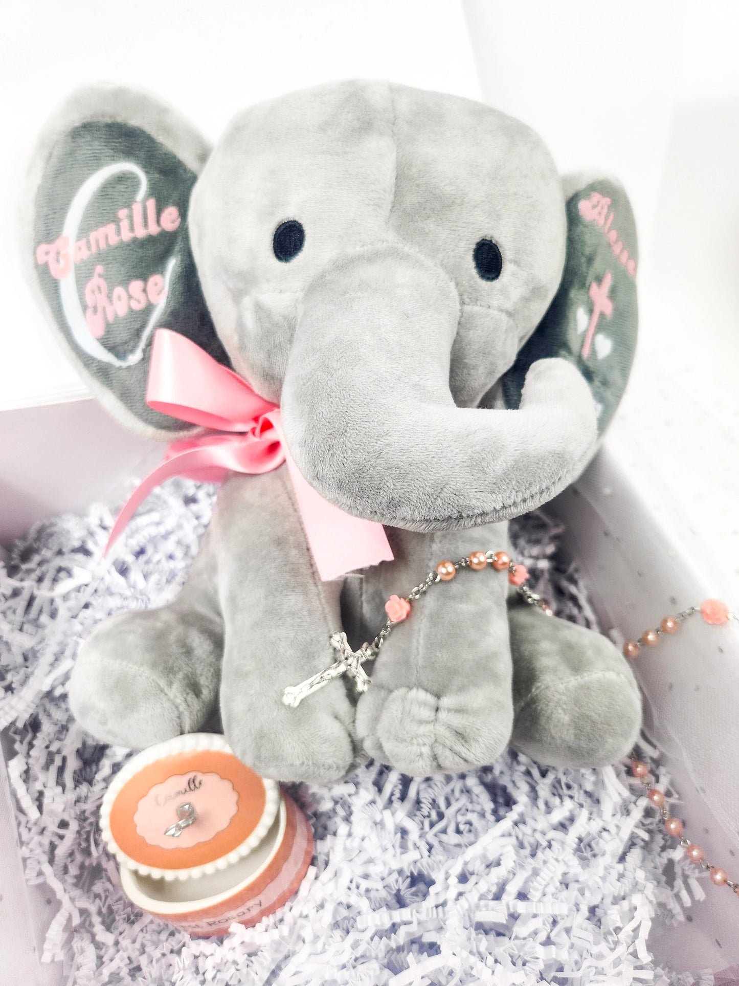 Personalized Baby Baptism Gift Box | Elephant and Pink Rosary