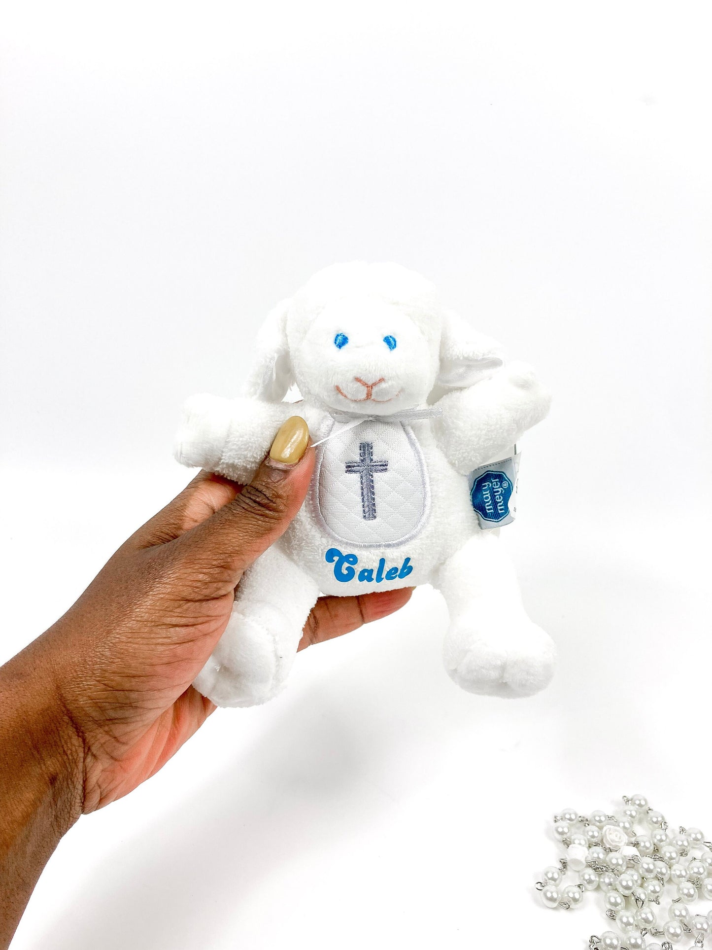 Personalized Baby Baptism Gift Box | Lamb Rattle, Picture Frame, and Rosary