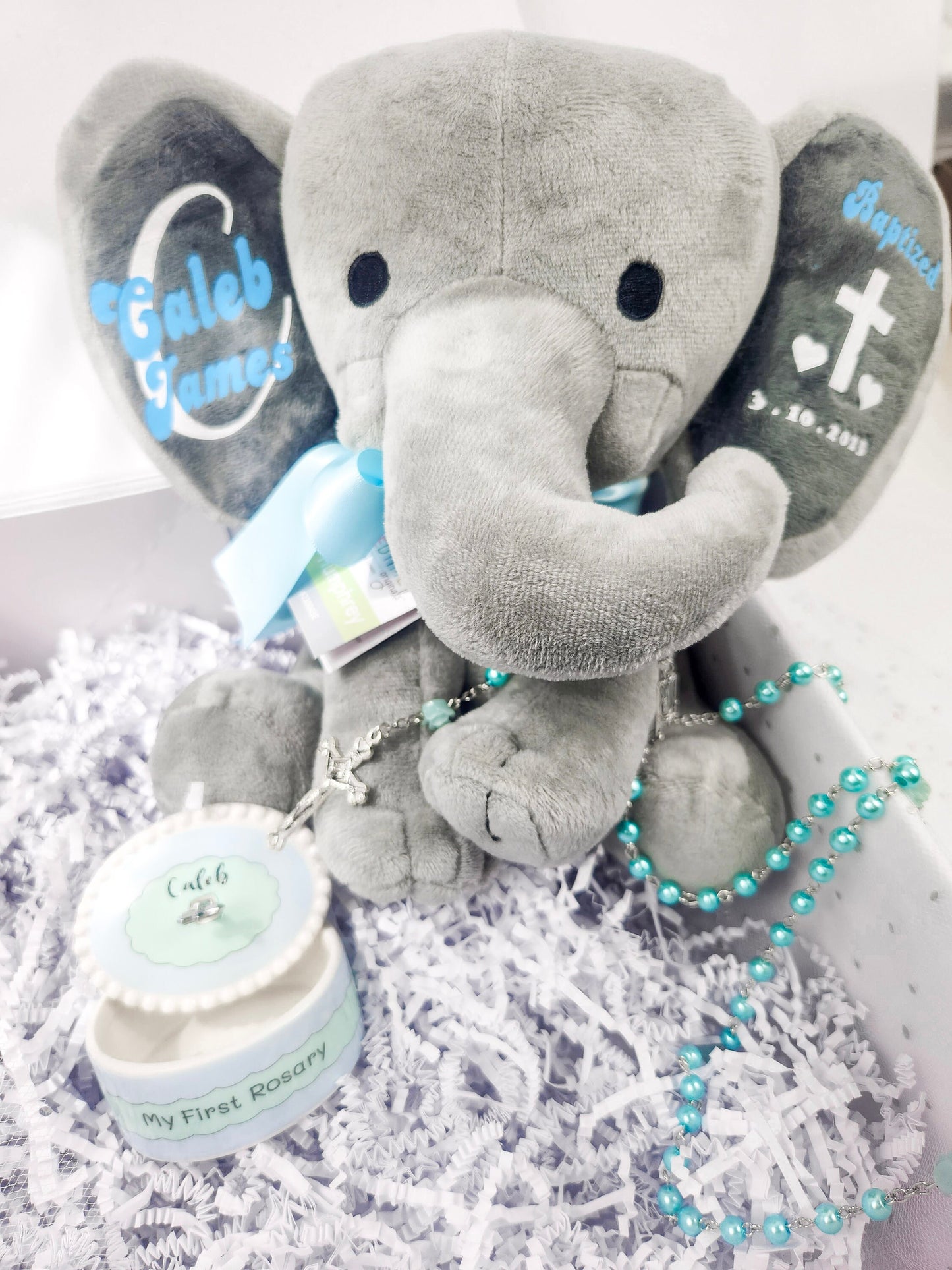 Personalized Baby Baptism Gift Box | Elephant and Blue Rosary