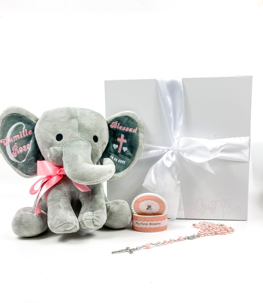 Personalized Baby Baptism Gift Box | Elephant and Pink Rosary