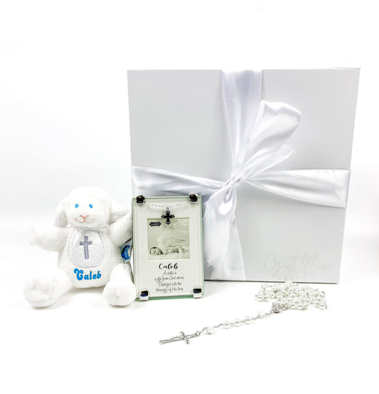 Personalized Baby Baptism Gift Box | Lamb Rattle, Picture Frame, and Rosary